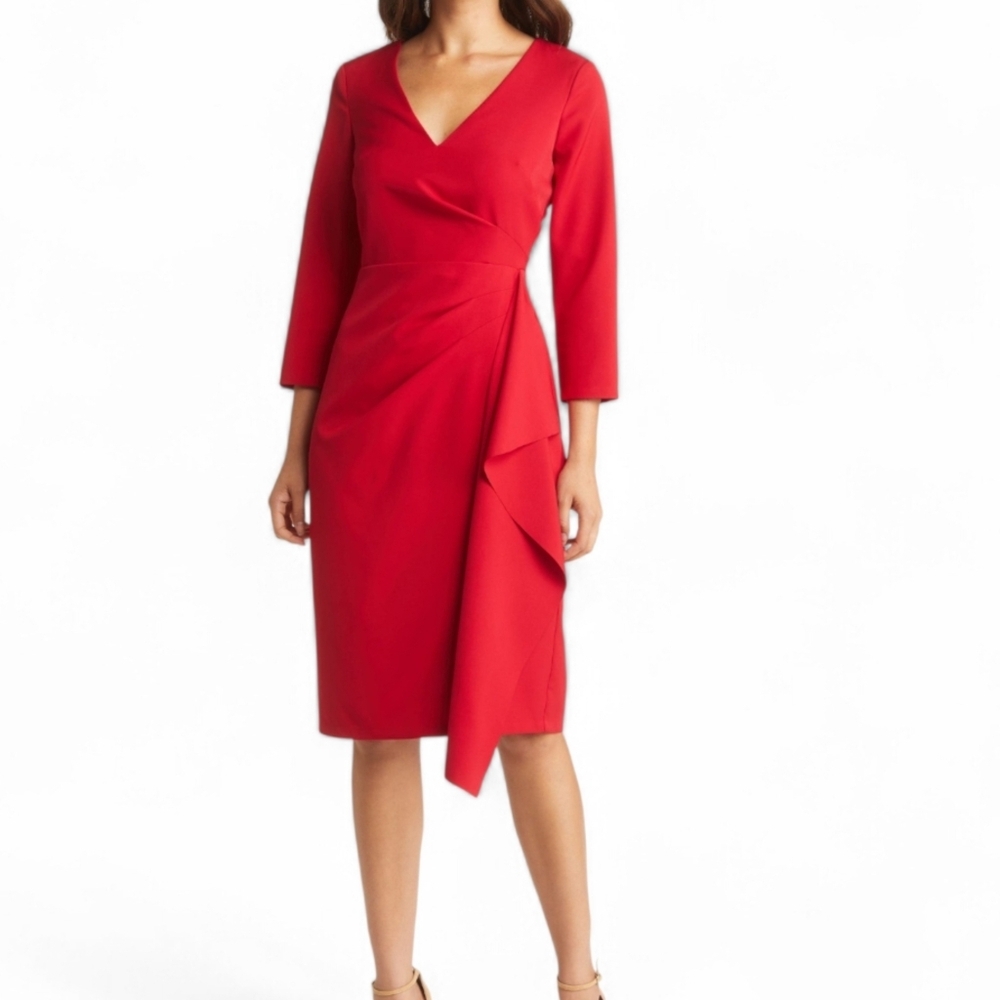 Eliza J Size 6 Red Cocktail Dress Ruffle Bodycon 3/4 Sleeves
